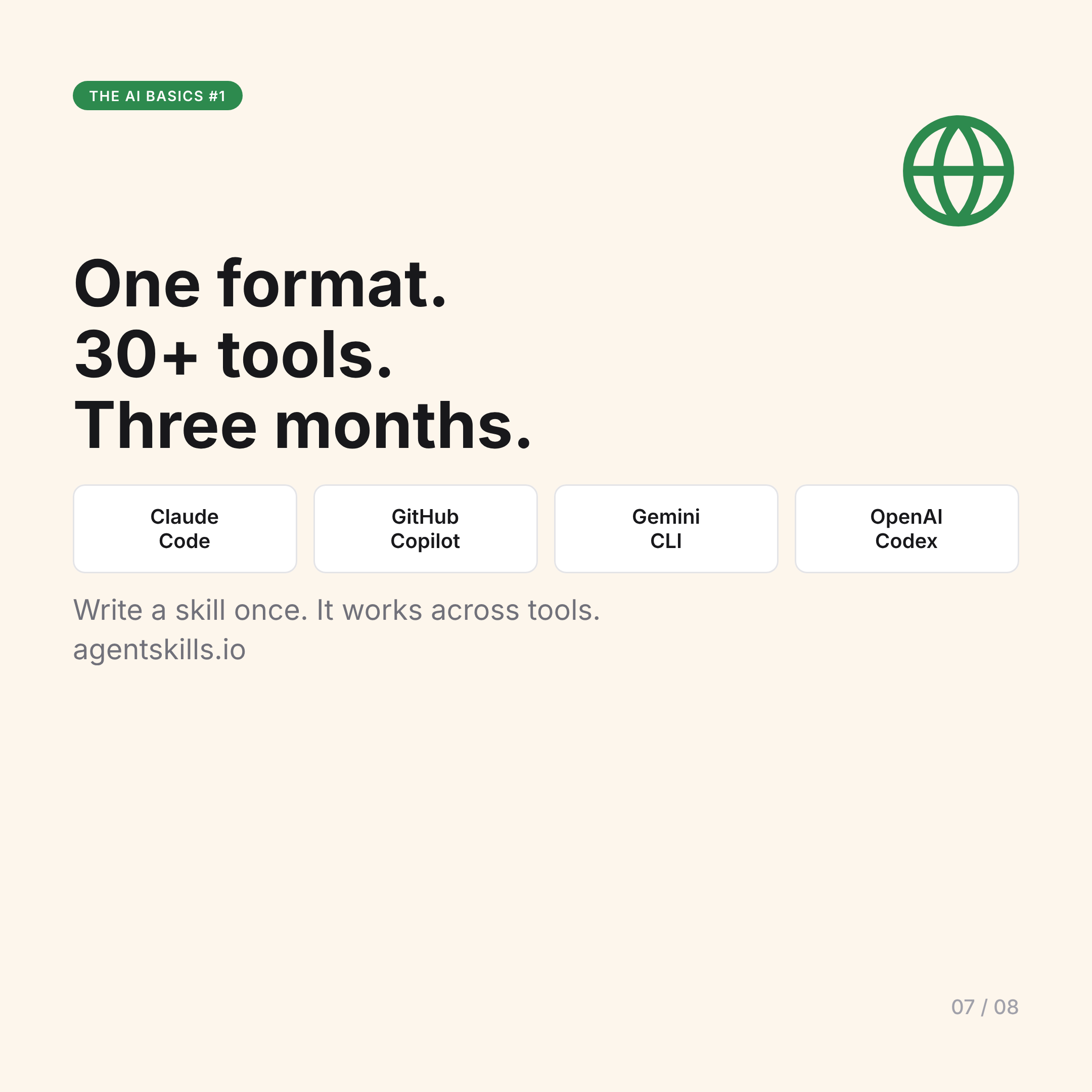 One format, 30+ tools, three months
